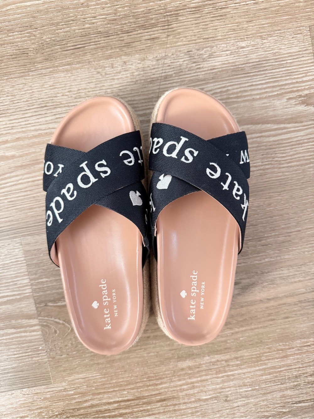 kate spade Black Logo Cross-Strap Slide Sandals with Nude Footbed